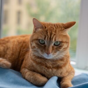A relaxed ginger cat lying on a blue blanket by the window indoors.